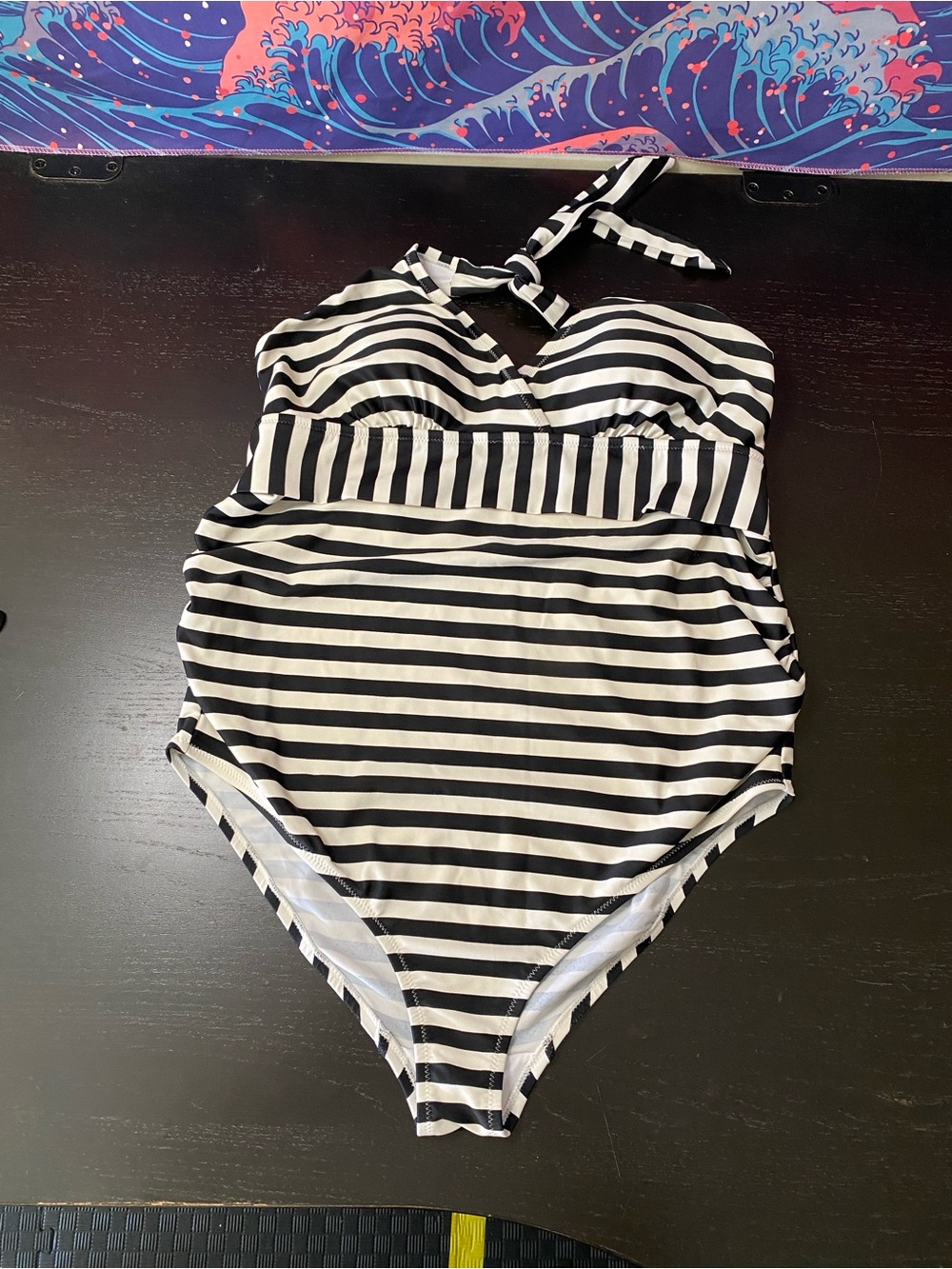Motherhood Black & White Striped Halter One-Piece Swimsuit